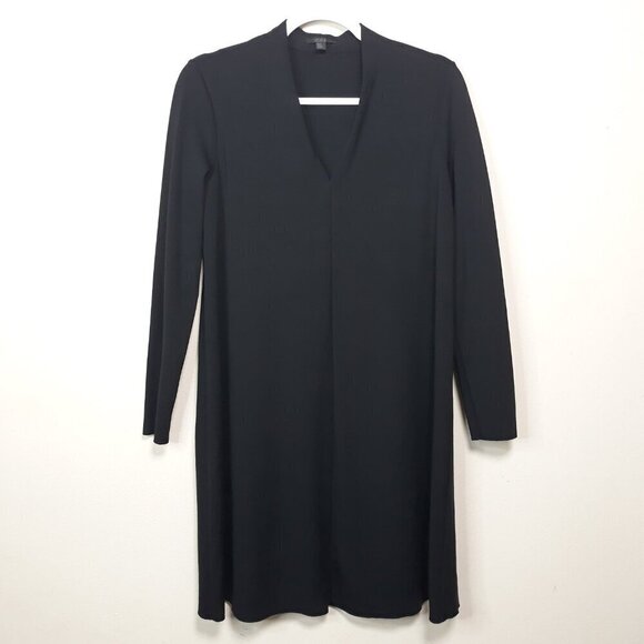 COS Stretch Knit A-Line Black V-Neck Long Sleeve Dress L Office Date Night - Picture 2 of 8